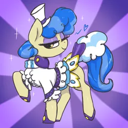 Size: 3000x3000 | Tagged: safe, artist:t72b, derpibooru import, sapphire shores, earth pony, pony, clothes, eyeshadow, female, hat, image, looking back, makeup, mare, one eye closed, png, raised hoof, raised tail, shoes, simple background, sparkles, tail, wink