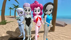 Size: 1920x1080 | Tagged: suggestive, artist:oatmeal!, derpibooru import, limestone pie, marble pie, maud pie, pinkie pie, human, equestria girls, 3d, beach, bikini, breasts, clothes, crossed arms, female, gmod, group photo, humanized, image, legs together, looking at you, ocean, one-piece swimsuit, palm tree, png, rock, sexy, siblings, sisters, spread legs, spreading, swimsuit, tree, tropical, twins, water