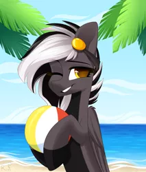 Size: 1700x2000 | Tagged: safe, artist:rinteen, derpibooru import, oc, oc:zephyrai, unofficial characters only, pegasus, pony, accessory, beach, beach ball, black and white, black and white mane, blue sky, cloud, commission, daytime, folded wings, gray coat, grayscale, image, jpeg, mane, monochrome, ocean, on head, one eye closed, palm tree, pin, sand, simple background, sky, smiling, solo, standing, teeth, tree, vacation, water, wings, wink, ych result, yellow eyes, your character here