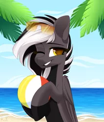 Size: 1700x2000 | Tagged: safe, artist:rinteen, derpibooru import, oc, oc:zephyrai, unofficial characters only, pegasus, pony, accessory, beach, beach ball, black and white, black and white mane, blue sky, cloud, commission, daytime, folded wings, glasses, gray coat, grayscale, image, jpeg, mane, monochrome, ocean, on head, one eye closed, palm tree, sand, simple background, sky, smiling, solo, standing, sunglasses, teeth, tree, vacation, water, wings, wink, ych result, yellow eyes, your character here