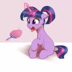 Size: 2048x2048 | Tagged: source needed, safe, artist:fgcfghv, derpibooru import, twilight sparkle, pony, unicorn, alternate hairstyle, floppy ears, glow, glowing horn, hand fan, horn, hot, image, magic, missing cutie mark, open mouth, png, ponytail, sitting, solo, sweat, telekinesis, tongue out, unicorn twilight
