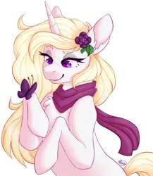 Size: 2000x2300 | Tagged: safe, artist:mxiiisy, derpibooru import, oc, oc:winter, oc:winthria siriusa, unofficial characters only, butterfly, insect, pony, unicorn, accessories, blonde, blonde hair, blonde mane, blonde tail, clothes, eyelashes, eyeshadow, flower, flower in hair, halfbody, hooves, horn, image, jpeg, long hair, long mane, makeup, purple eyes, scarf, smiling, smirk, solo, tail, white coat, wintherai