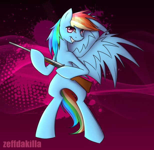 Size: 1800x1749 | Tagged: safe, artist:zeffdakilla, derpibooru import, rainbow dash, pegasus, pony, abstract background, gun, holding gun, image, looking at you, png, smiling, solo, spread wings, standing, weapon, wings