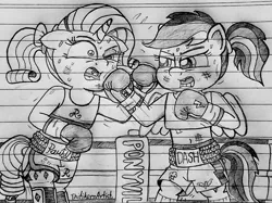 Size: 1280x959 | Tagged: safe, artist:ct1443ae, derpibooru import, rainbow dash, rarity, pegasus, semi-anthro, unicorn, boxing, boxing gloves, boxing ring, image, jpeg, lined paper, mouth guard, open mouth, pencil drawing, sports, traditional art, uppercut