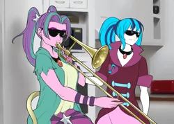 Size: 1400x1000 | Tagged: safe, artist:m@k, derpibooru import, aria blaze, sonata dusk, equestria girls, image, musical instrument, png, sunglasses, trombone, vine video, when mama isn't home