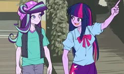 Size: 2000x1200 | Tagged: safe, artist:m@k, derpibooru import, starlight glimmer, twilight sparkle, equestria girls, beanie, duo, female, hanging out, hat, image, png