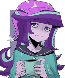 Size: 1000x1200 | Tagged: safe, artist:m@k, derpibooru import, starlight glimmer, human, equestria girls, bags under eyes, beanie, clothes, coffee, female, hat, image, nightcap, pajamas, png, sleepy, solo