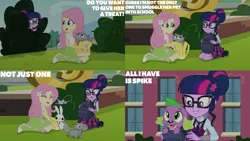Size: 1280x720 | Tagged: safe, derpibooru import, edit, edited screencap, editor:quoterific, screencap, angel bunny, fluttershy, sci-twi, spike, spike the regular dog, twilight sparkle, bird, cat, dog, rabbit, equestria girls, friendship games, animal, backpack, boots, canterlot high, clothes, cute, eyes closed, female, glasses, hairpin, image, male, open mouth, open smile, png, shoes, shyabetes, smiling, spikabetes, tanktop, text, tongue out
