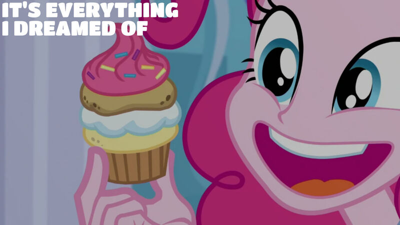 Size: 1280x720 | Tagged: safe, derpibooru import, edit, edited screencap, editor:quoterific, screencap, pinkie pie, equestria girls, equestria girls series, super squad goals, cupcake, cute, diapinkes, female, food, image, jpeg, open mouth, open smile, smiling, solo, text