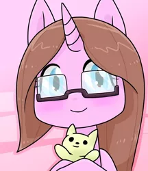 Size: 640x740 | Tagged: safe, artist:batipin, derpibooru import, oc, unofficial characters only, pony, unicorn, bust, doll, female, glasses, horn, image, looking at you, mare, pink background, png, portrait, simple background, smiling, smiling at you, solo, toy