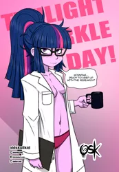 Size: 1382x2000 | Tagged: suggestive, artist:oldskullkid, derpibooru import, sci-twi, twilight sparkle, equestria girls, absolute cleavage, belly button, breasts, cleavage, clothes, coffee mug, glasses, image, jpeg, lab coat, looking at you, mug, panties, speech bubble, talking to viewer, underwear