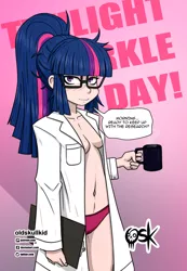 Size: 1382x2000 | Tagged: suggestive, alternate version, artist:oldskullkid, derpibooru import, sci-twi, twilight sparkle, human, equestria girls, absolute cleavage, belly button, breasts, cleavage, clothes, coffee mug, glasses, human coloration, humanized, image, jpeg, lab coat, looking at you, mug, panties, speech bubble, talking to viewer, underwear