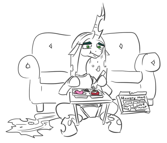 Size: 557x478 | Tagged: safe, artist:jargon scott, derpibooru import, queen chrysalis, changeling, changeling queen, black and white, eating, female, food, fork, grayscale, image, lineart, monochrome, partial color, png, simple background, sitting, solo, tv dinner, white background