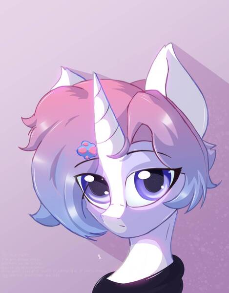 Size: 1403x1793 | Tagged: safe, artist:rainydark, derpibooru import, oc, unofficial characters only, unicorn, cute, digital art, female, gift art, horn, image, jpeg, looking at you, purple background, simple background, solo, solo female, unicorn oc