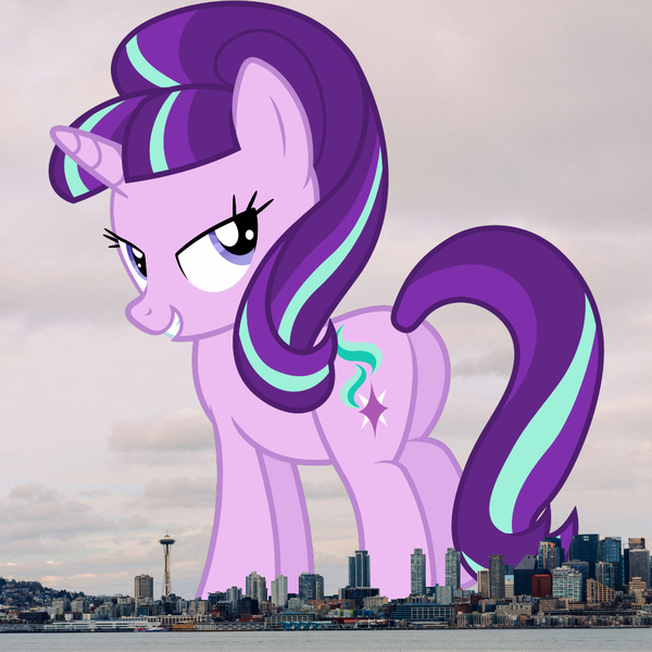 Size: 1000x1000 | Tagged: safe, artist:90sigma, artist:thegiantponyfan, derpibooru import, starlight glimmer, pony, unicorn, butt, female, giant pony, giant starlight glimmer, giant unicorn, giantess, glimmer glutes, highrise ponies, image, irl, jpeg, macro, mare, mega giant, photo, plot, ponies in real life, s5 starlight, seattle, space needle, washington