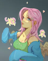 Size: 1440x1800 | Tagged: safe, artist:rainbowsherbs, derpibooru import, fluttershy, human, pegasus, pony, breasts, busty fluttershy, cleavage, clothes, female, gray background, humanized, image, jpeg, mare, off shoulder, pony coloring, simple background, solo, winged humanization, wings