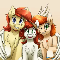 Size: 3100x3100 | Tagged: safe, artist:kaylerustone, derpibooru import, oc, oc:amity starfall, oc:crimson starfall, oc:render point, unofficial characters only, pony, family, female, image, jpeg, looking at you, male, mare, open mouth, raised hoof, simple background, smiling, spread wings, stallion, wings