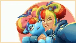 Size: 3840x2160 | Tagged: safe, artist:applephil, derpibooru import, rainbow dash, human, pegasus, pony, 4k, alternate hairstyle, arm on shoulder, cheek to cheek, clothes, duo, female, goggles on head, high res, hoodie, human ponidox, humanized, image, jpeg, looking at you, mare, one eye closed, open mouth, open smile, rainbow dash is not amused, self paradox, self ponidox, selfie, side hug, smiling, smiling at you, unamused, wink