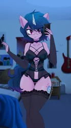 Size: 1870x3360 | Tagged: suggestive, artist:dibujoschidosdelabad, derpibooru import, izzy moonbow, anthro, unicorn, bed, clothes, electric guitar, female, g5, goth, goth izzy, guitar, image, lingerie, mobile phone, musical instrument, phone, piercing, png, room, selfie, smartphone, solo, solo female
