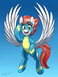 Size: 1542x2048 | Tagged: safe, artist:kaylerustone, derpibooru import, oc, oc:swift apex, unofficial characters only, pegasus, pony, clothes, commission, flying, image, jpeg, looking at you, male, smiling, solo, spread wings, stallion, uniform, wings, wonderbolts uniform