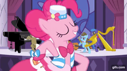 Size: 640x360 | Tagged: safe, derpibooru import, screencap, octavia melody, pinkie pie, earth pony, pony, season 1, the best night ever, animated, bipedal, cello, clothes, dress, eyes closed, female, gala dress, gif, gifs.com, image, loop, lyre, male, mare, musical instrument, open mouth, open smile, piano, singing, smiling, stallion
