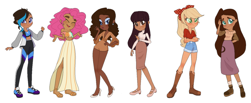 Size: 1506x622 | Tagged: safe, artist:elf-hollow, applejack, fluttershy, pinkie pie, rainbow dash, rarity, twilight sparkle, human, equestria girls, base used, blackwashing, boots, clothes, crossed arms, dark skin, dyed hair, ear piercing, earring, eyes closed, eyeshadow, hairband, hand on hip, humanized, image, jewelry, long skirt, looking at you, makeup, mane six, moderate dark skin, natural hair color, piercing, png, sandals, shoes, short shirt, shorts, skirt, sneakers, socks, sweater, tied shirt, turtleneck