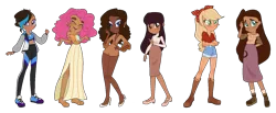 Size: 1506x622 | Tagged: safe, artist:elf-hollow, applejack, fluttershy, pinkie pie, rainbow dash, rarity, twilight sparkle, human, equestria girls, base used, blackwashing, boots, clothes, crossed arms, dark skin, dyed hair, ear piercing, earring, eyes closed, eyeshadow, hairband, hand on hip, humanized, image, jewelry, long skirt, looking at you, makeup, mane six, moderate dark skin, natural hair color, piercing, png, sandals, shoes, short shirt, shorts, skirt, sneakers, socks, sweater, tied shirt, turtleneck