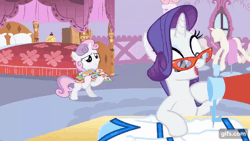Size: 640x360 | Tagged: safe, derpibooru import, screencap, rarity, sweetie belle, pony, unicorn, for whom the sweetie belle toils, season 4, ^^, animated, bipedal, carousel boutique, cute, diasweetes, duo, duo female, eyes closed, female, filly, foal, gif, gifs.com, glasses, image, mannequin, mare, open mouth, open smile, rarity's glasses, smiling