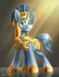 Size: 2700x3500 | Tagged: safe, artist:kaylerustone, derpibooru import, oc, unofficial characters only, pony, unicorn, armor, commission, image, jpeg, looking at you, male, royal guard, simple background, stallion