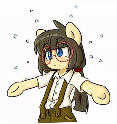 Size: 715x757 | Tagged: safe, artist:spheedc, derpibooru import, oc, oc:sphee, unofficial characters only, earth pony, pony, bipedal, button-up shirt, clothes, dress shirt, earth pony oc, female, glasses, image, jpeg, mare, pants, shirt, simple background, solo, suspenders, white background