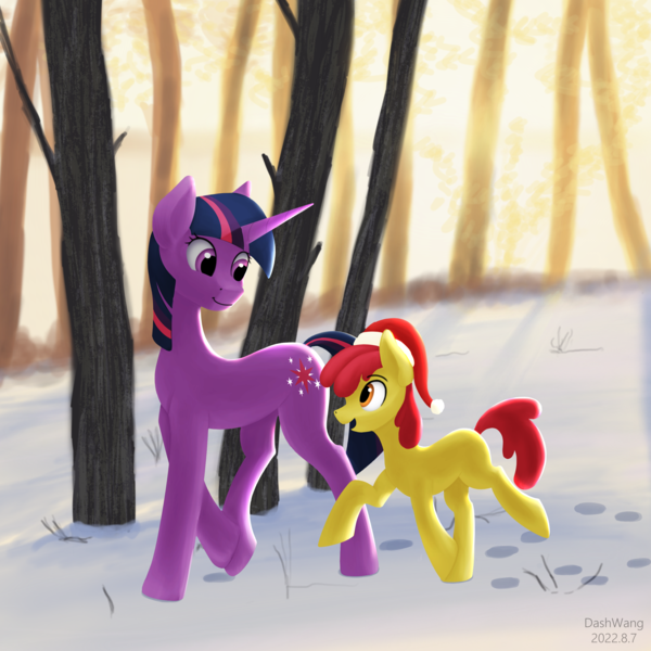 Size: 2600x2600 | Tagged: safe, artist:dash wang, derpibooru import, apple bloom, twilight sparkle, earth pony, pony, unicorn, blank flank, clothes, duo, duo female, female, image, png, snow, unicorn twilight, walking