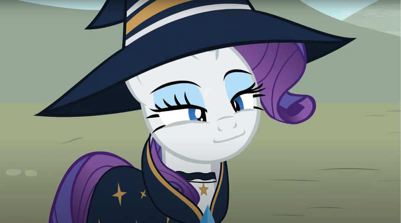 Size: 1680x934 | Tagged: safe, artist:agrol, derpibooru import, rarity, pony, unicorn, female, hat, image, mare, png, smug smile, solo, tales of adventurers, wizard hat, wizard robe, youtube link