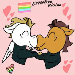 Size: 2000x1995 | Tagged: safe, artist:enperry88, derpibooru import, brickhouse, bulk biceps, earth pony, pegasus, pony, black shirt, boop, bulkton, clothes, duo, duo male, ear piercing, earring, facial markings, gay, gay couple, gay pride, gay pride flag, happy, heart, holding each other, holding hooves, image, jewelry, jpeg, long sleeved shirt, long sleeves, looking at each other, looking at someone, love, male, muscle pony, noseboop, nuzzling, piercing, pink background, pride, pride flag, shipping, shirt, simple background, smiling, smiling at each other, stallion, stallion on stallion