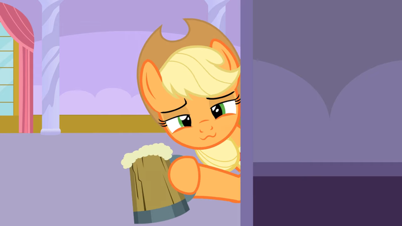 Size: 1920x1080 | Tagged: safe, artist:agrol, derpibooru import, applejack, earth pony, pony, :3, applejack's hat, bedroom eyes, cider, cider mug, cowboy hat, drink, female, hat, hoof hold, image, looking at you, mare, mug, png, smiling, tales of adventurers, wavy mouth