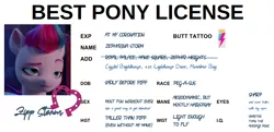 Size: 964x467 | Tagged: safe, derpibooru import, edit, edited screencap, editor:secretbronyx, screencap, pipp, pipp petals, zipp storm, pegasus, pony, my little pony: a new generation, spoiler:my little pony: a new generation, 420, best pony, best pony license, cropped, faic, female, folded wings, g5, horseshoes, id card, image, implied hitch trailblazer, implied hitchzipp, implied pipp petals, implied shipping, implied straight, license, lidded eyes, mare, meme, pipp is short, png, raised eyebrow, smug, solo, wings, yogi bear