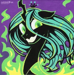 Size: 1759x1788 | Tagged: safe, artist:dandy, derpibooru import, queen chrysalis, changeling, changeling queen, crown, evil grin, fangs, female, fire, green fire, grin, horn, image, jewelry, looking at you, png, posca, regalia, smiling, solo, traditional art