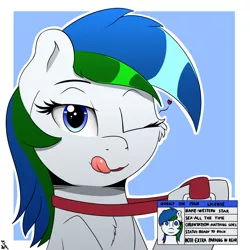 Size: 2000x2000 | Tagged: safe, artist:h3nger, derpibooru import, oc, oc:western star, pony, female, horny on main, image, mare, one eye closed, png, smiling, wink