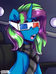 Size: 1200x1575 | Tagged: safe, artist:shadowreindeer, derpibooru import, oc, oc:shimo, unofficial characters only, unicorn, 3d glasses, clothes, commission, horn, image, jpeg, scarf, solo, striped scarf, unicorn oc