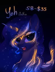 Size: 2600x3400 | Tagged: safe, artist:anku, derpibooru import, princess luna, oc, pony, auction open, commission, female, fluorescent, glow, glowing horn, horn, image, jpeg, open mouth, simple background, solo, solo female, ych example, ych sketch, your character here