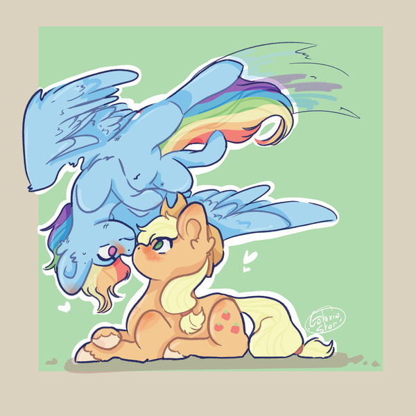 Size: 3000x3000 | Tagged: safe, artist:galaxiastar1, derpibooru import, applejack, rainbow dash, earth pony, pegasus, pony, appledash, applejack's hat, blushing, boop, cowboy hat, cute, dashabetes, duo, female, flying, hat, heart, image, jackabetes, jpeg, lesbian, mare, noseboop, shipping, unshorn fetlocks, upside down