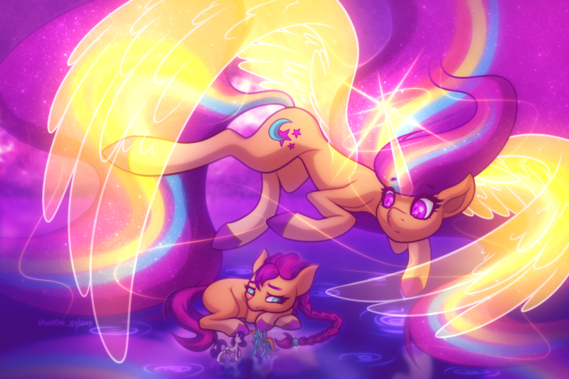 Size: 6000x4000 | Tagged: safe, artist:shad0w-galaxy, derpibooru import, rainbow dash, rarity, sunny starscout, alicorn, earth pony, pegasus, pony, unicorn, my little pony: a new generation, absurd resolution, ethereal mane, ethereal wings, female, flying, g5, horn, image, magic, mare, pink eyes, png, race swap, starry eyes, starry mane, sunnycorn, transparent horn, transparent wings, wingding eyes, wings
