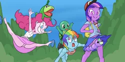 Size: 2014x1000 | Tagged: suggestive, artist:happy harvey, derpibooru import, edit, gummy, pinkie pie, rainbow dash, spike, tank, twilight sparkle, human, squirtle, weedle, equestria girls, arms in the air, backpack, braless, climbing, clothes, crossover, drawn on phone, falling, feet, female, flip-flops, forest, fuecoco, grin, hat, image, jumping, legs in air, looking at you, looking up, loose fitting clothes, male, panties, png, pokéball, pokémon, purple underwear, riding, riding human, sandals, shorts, skirt, smiling, spandex, species swap, spread legs, spreading, striped underwear, surprised, tank riding rainbow dash, tanktop, tree, underwear, upskirt, white underwear
