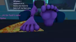 Size: 1920x1080 | Tagged: suggestive, artist:electricrodent, derpibooru import, spike, twilight sparkle, twilight sparkle (alicorn), alicorn, anthro, dragon, plantigrade anthro, 3d, barefoot, dialogue, dusk shine, feet, fetish, food, foot fetish, foot focus, image, male, male feet, offscreen character, older, older spike, pizza, png, rule 63, source filmmaker, vulgar