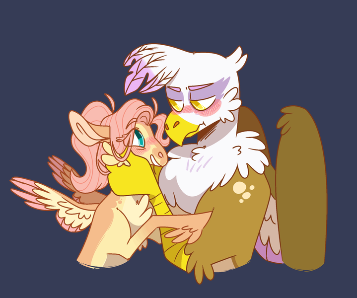 Size: 2048x1710 | Tagged: safe, artist:doodlebetch, artist:dozindoodles, derpibooru import, fluttershy, gilda, gryphon, pegasus, pony, abstract background, beak, blushing, chest fluff, claws, cute, duo, duo female, eye clipping through hair, eyebrows, eyebrows visible through hair, eyelashes, female, gildadorable, gildashy, grin, image, lesbian, looking at each other, looking at someone, mare, png, purple background, shipping, shyabetes, simple background, smiling, spread wings, wings