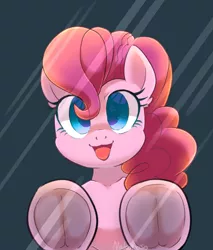 Size: 1763x2066 | Tagged: safe, alternate version, artist:yukkuri_yu_yu, derpibooru import, pinkie pie, earth pony, pony, breaking the fourth wall, eye clipping through hair, female, fourth wall, glass, image, jpeg, looking at you, mare, open mouth, open smile, smiling, smiling at you, solo, underhoof
