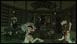 Size: 3245x1849 | Tagged: safe, artist:fenixdust, derpibooru import, oc, oc:lucky stars, earth pony, pony, unicorn, fallout equestria, alcohol, clothes, image, png, saloon