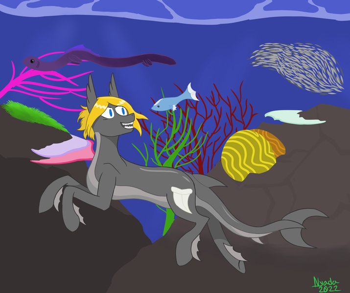 Size: 3100x2600 | Tagged: safe, artist:nyada, derpibooru import, oc, unofficial characters only, earth pony, fish, original species, pony, shark, shark pony, image, innocent, ocean, png, simple background, solo, underwater, water