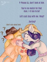 Size: 715x953 | Tagged: safe, artist:reyam, derpibooru import, applejack, rarity, earth pony, pony, unicorn, simple ways, applejack's hat, blue background, blushing, clothes, cowboy hat, dialogue, ear fluff, eye clipping through hair, female, floppy ears, hat, image, jpeg, lesbian, looking at each other, looking at someone, mare, question mark, rarijack, rhinestone rarihick, shipping, simple background, sweat