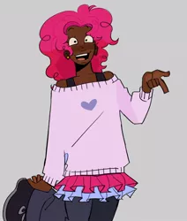 Size: 742x877 | Tagged: safe, artist:jermabyte, derpibooru import, pinkie pie, human, blackwashing, blue background, bra, bra strap, clothes, cute, dark skin, denim, diapinkes, ear piercing, earring, female, humanized, image, jeans, jewelry, jpeg, no more ponies at source, open mouth, pants, piercing, shoes, simple background, skirt, solo, sweater, underwear