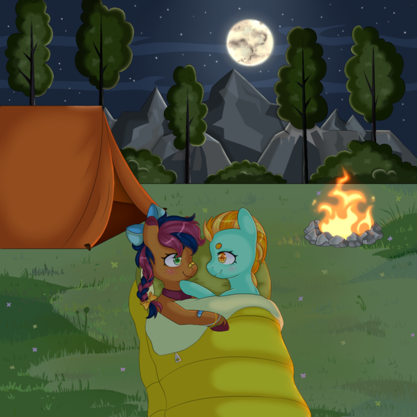 Size: 1000x1000 | Tagged: safe, artist:veincchi, derpibooru import, lightning dust, oc, oc:solar comet, pegasus, pony, background, blushing, campfire, camping, commission, cute, forest, full moon, image, moon, mountain, png, smiling, tent, tree